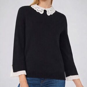 🆕 CeCe Black Knit Sweater with White Eyelet Lace Collar & Pleated Cuffs Size S